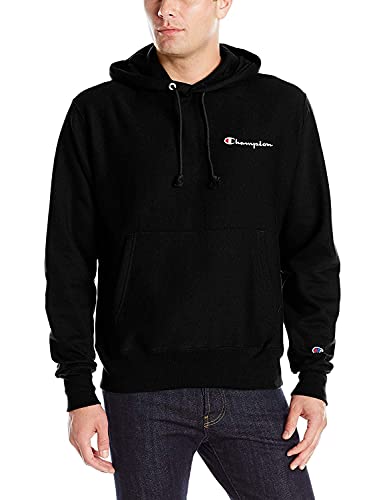 Champion mens Reverse Weave Pullover Hoodie Hooded Sweatshirt, Black - Left Chest  C  Script, Medium US