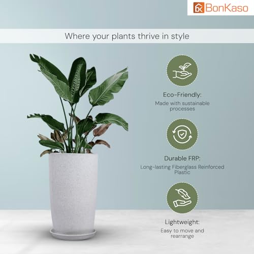 Image of BonKaso 18 inch White Flower Pot - Tall, Durable & Lightweight Polymer Tower Planter for Indoor & Outdoor Use: Home, Office, Garden & Balcony (Gamla /Gamale)