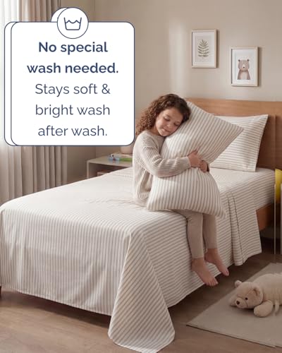 Image of Twin 4 Piece Bed Sheet Set - Breathable & Cooling Sheets - Beige Stripes | Ultra Soft Hotel Luxury Bedding Set with 8-16 Inch Deep Pockets, 1 Flat & 1 Fitted Sheet & 2 Pillowcases, Wrinkle & Fade Free