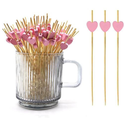 120 pcs 4.7 in long Pink heart Bamboo Cocktail, Heart Toothpicks for Appetizers, Natural Bamboo Food Picks for Valentines Day,Propose Marriage,Wedding Party.