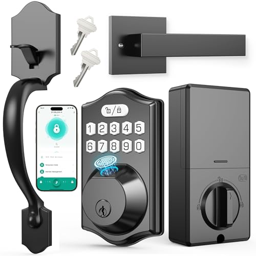 Vonsera APP Fingerprint Door Lock Set, Keyless Entry Door Lock, Front Handle Set, Electronic Keypad Deadbolt with 2 Keys, Auto-Locking, One-time Codes, Easy to Install (Black, APP Control)