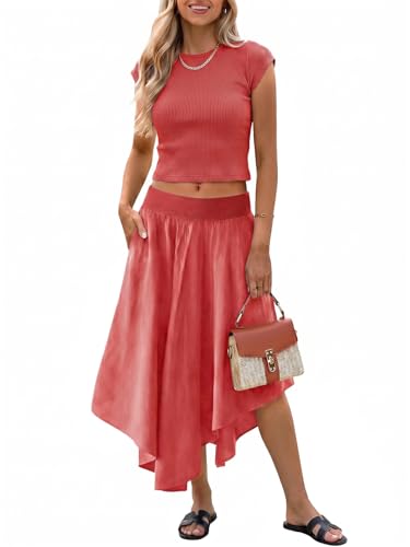 Image of Tankaneo Womens 2 Piece Skirt Set Summer Casual Cap Sleeve Ribbed Crop Tops Midi Dress Vacation Outfits with Pockets