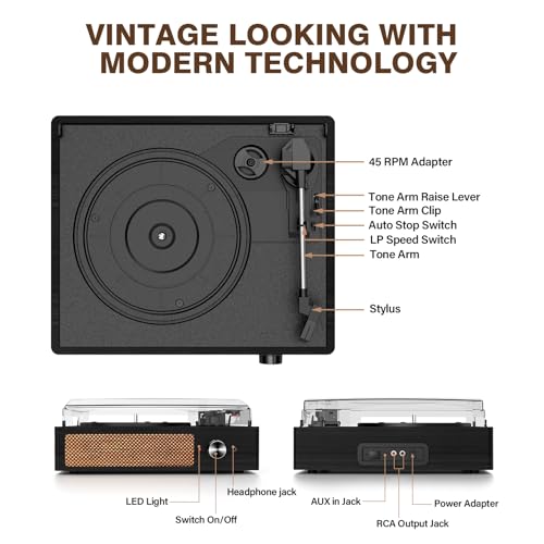Image of Record Player for Vinyl with 2 Build-in Speakers LP Vinyl Players Belt-Driven Vintage Turntables 3 Speed 3 Size, Wireless Bluetooth Playback, AUX-in, RCA Out, Headphone, Auto Stop