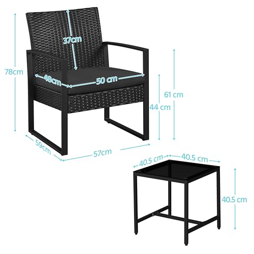 Yaheetech Balkonmöbel Set, Gartenmöbel-Set aus PE-Polyrattan Wetterfest inkl. 2 Stühle mit Sitzkissen & Tisch, 3 Teilig Terrassenmöbel Sitzgruppe Lounge Set für Balkon/Terrasse/Garten, Schwarz 2