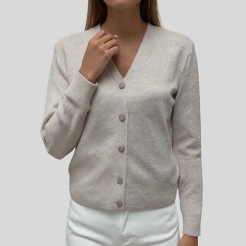 Women's V-Neck Pure Merino Wool Solid Open Front Button Classic Style Cardigan Sweater2