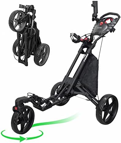 Newfly Vilineke 3 Wheel 360 Rotating Front Wheel Foldable/Collapsible Golf Push Cart with Foot Brake Open and Close in ONE Second-Free Umbrella Holder Included (Black)