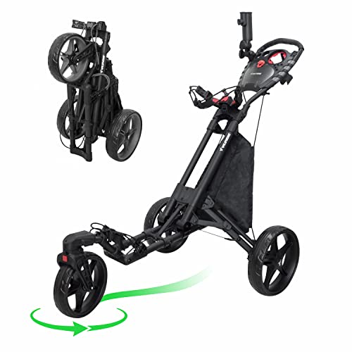 Newfly Vilineke 3 Wheel 360 Rotating Front Wheel Foldable/Collapsible Golf Push Cart With Foot Brake Open And Close In One Second-Free Umbrella Holder Included (Black) #TOP2
