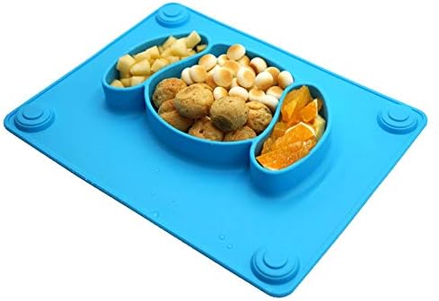 LongDear Baby Silicone Suction Placemat + Plates - Food Feeding Divided Mat for Kids and Toddlers Fits Most Highchair Trays - Easily Wipe Clean - Dishwasher and Microwave Safe (Blue & Green)