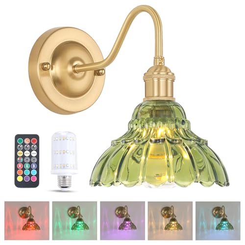 Image of Shenmoyl Battery Operated Wall Sconce, Vintage Rechargeable Wall Lights with Green Lily Glass Shade, Wireless Indoor Wall Lamp with Remote for Bedroom Living Room Bathroom Hallway