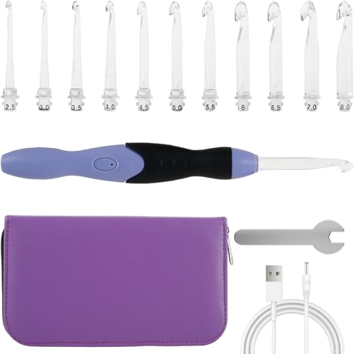 Light Up Crochet Hook Set, 11 Sizes Lighted Crochet Hooks with Case, Rechargeable Crochet Hook 2.5 mm to 8 mm, DIY Crochet Hooks Set for Crocheting and Knitting, Interchangeable Heads Hooks