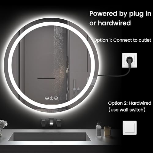 Image of Round LED Bathroom Mirror with Lights, Backlit & Front Lighted, Wall-Mounted Vanity Mirror 3000K /4000K /6000K, Memory Functions, Anti-Fog, Dimmable Smart Mirror (Round 30 inch x 30 inch)