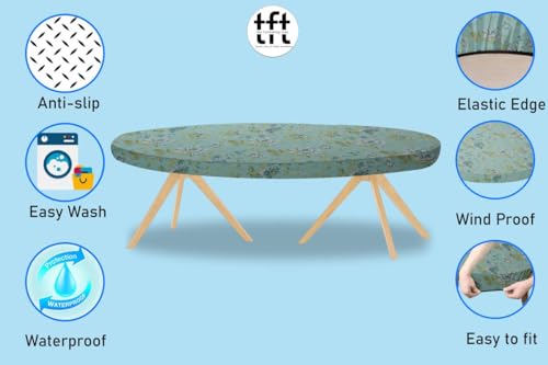 Image of The Furnishing Tree Elastic Cotton Oval Dining Table Cover 36x48 in Inches Floral Golden Leaf on Blue Base