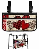 Wheelchair Side Storage Bag Valentine's Day Red and Leopard Print Love Heart Armrest Pouch with Cup Holder and Reflective Strip Wheelchair Accessories Organizer Bags for Walkers Rollator