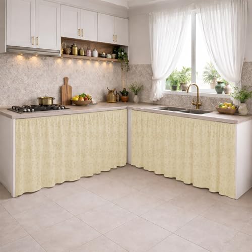 Image of LINENWALAS Under Sink Curtain for Kitchen - Pack of 2 | Rain Drop Embossed Design Polyester Under-Sink Cover | Storage-Hiding Curtain with Rod Pocket | Kitchen & Bathroom (132x71 CM, Golden Beige)
