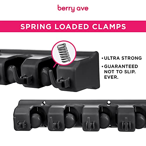 Image of Combo 5 Slot Broom Holder w / 1 Self Adhesive Mop Gripper No-Drilling, Wall Mount Tool Organizers For Kitchen, Garage, Laundry Room- Anti-Slip Hanger For Brooms, Mops, Rakes, Dustpans (Black / Black)