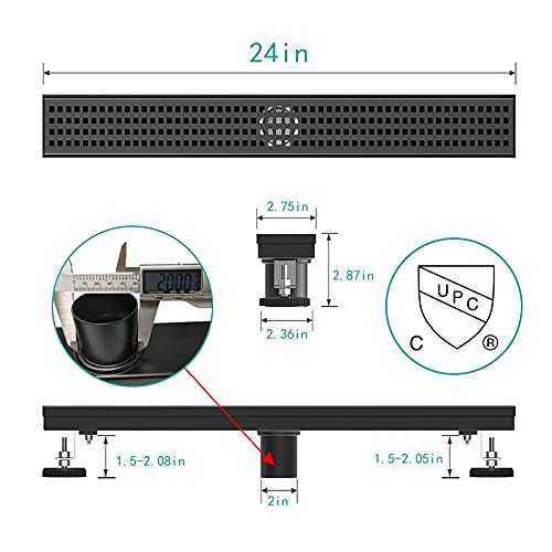 Image of BARONAGE 24 Inch Linear Shower Drain, Square Grate, Matte Black | V-shaped Rapid Linear Drains, Rustproof, Hair Catcher, 304 Stainless Steel Rectangle Shower Floor Drain For Bathroom