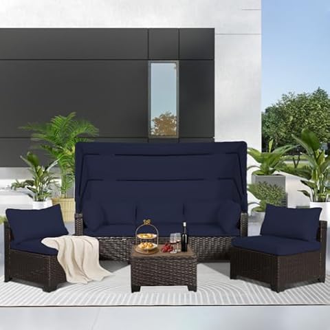 FKLUG 6 PCS Outdoor Patio Furniture Set,Sectional Sofa Set,Rattan Daybed with Retractable Canopy,Adjustable Backrest,Storage Coffee Table,Chaise Chair Sunbed for Garden Poolside Backyard(Navy Blue) Cover