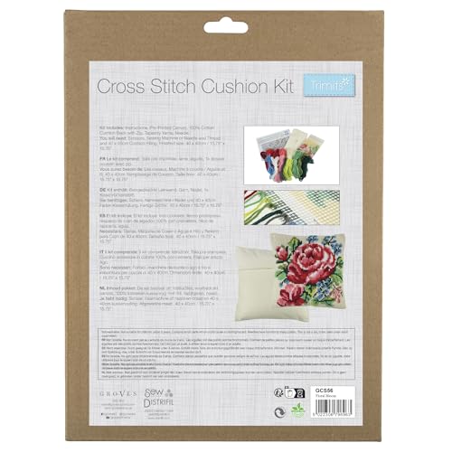 Trimits Kit Per Ricamo A Punto Croce, Cuscino Posteriore Incluso, Tela Prestampata, Filato E Ago Inclusi 40 X 40 Cm, Motivo Floreale - 3