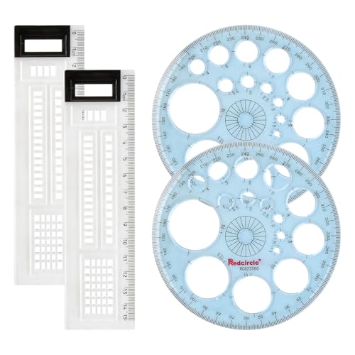 2 Plantillas Circulares + 2 Reglas Transparentes | Zimoer Juego de Herramientas de Dibujo | Escala Precisa 360°, 24 Divisiones, Multidiámetro | Ideal para Estudiantes, Oficina y Arte
