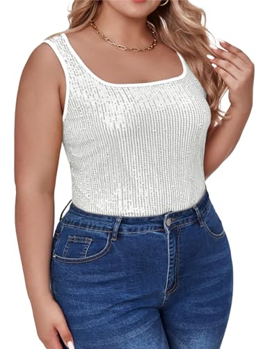 Beautife Womens Plus Size Sequin Tank Tops Sleeveless Square Neck Sparkly Club Party Shirt4