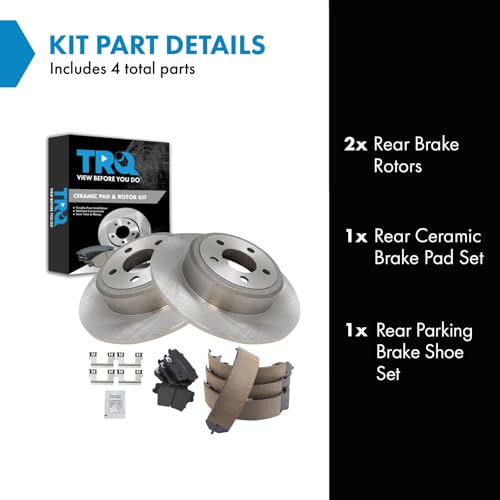 Image of TRQ Rear Brake Pad and Rotor Set Ceramic Solid Rotors Parking Shoe Compatible with 2005-2021 Chrysler 300 2009-2021 Challenger 2006-2021 Charger 2005-2008 Magnum