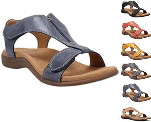 Dotmalls Women's Comfy Orthotic Sandals, Flat Arch Support Plantar Fasciitis Sandals, Velcro Closure Open Toe Leather Soft Sole Sandals, Summer Casual Beach Slip on Shoes. (37, Blue) Cover