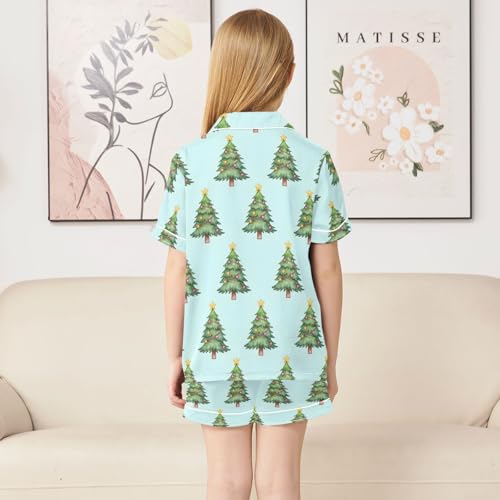 Satin Pajama Sets Short Sleeve Christmas Trees on Light Background Button Down Silky Nightwear 2 Piece PJS 5-14Y4