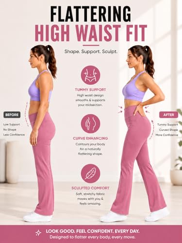 Image of Women's High Waist Bootcut Yoga Pants with Pockets | Flared Leggings for Women | Stretchable Gym Workout Pants | Tummy Control Activewear | Lounge & Travel Wear