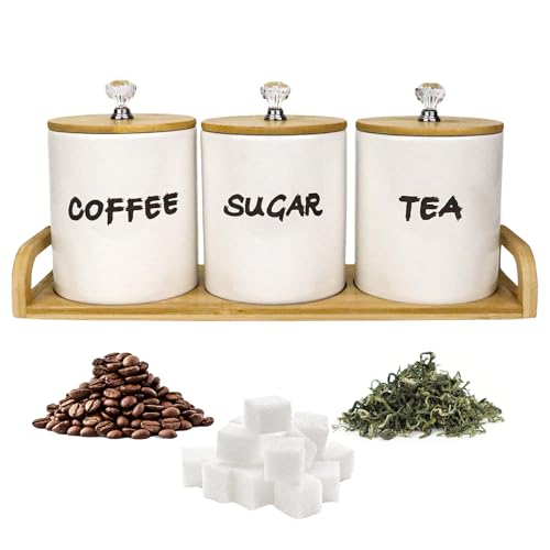 EQEY Coffee Tea Sugar Container Set of 3,Farmhouse Storage Containers Jars,Airtight Ceramic Kitchen Canister Set with Bamboo Lids for Kitchen Counter Dining Room (Ceramic, 1)