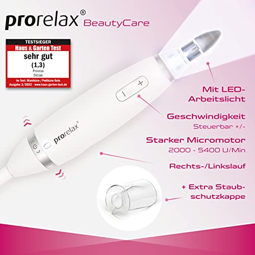 prorelax Maniküre- / Pediküre-Set DELUXE | Für Damen und Herren | Professionelle Hand- und Fußpflege für Zuhause und unterwegs | 15 hochwertige Aufsätze aus chirurgischem Stahl | Mit LED-Licht