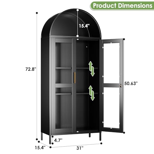 Image of 73 inch Metal Arched Display Cabinet with Glass Doors and Lock | Black steel curio bookcase with 2 adjustable shelves for books, collectibles, and decor; assembly required.