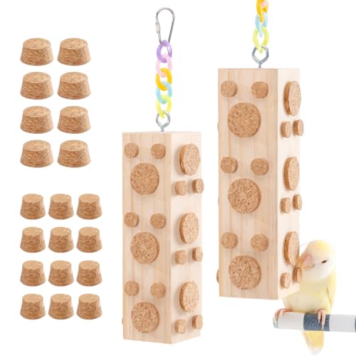 2 Pcs Wooden Bird Chew Toys - 7.9 Inch Hanging Parrot Toys, with 92 Detachable Corks, Relieve Boredom & Anxiety, Foraging Toys, for Parakeet, Cockatiel, Conure, Budgie, Lovebird, African Grey Parrot