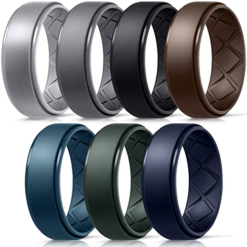 Egnaro Silicone Ring for Men, 7 Rings / 4 Rings / 1 Ring Step Edge Rubber Wedding Bands 8.5mm Wide - 2.5mm Thick