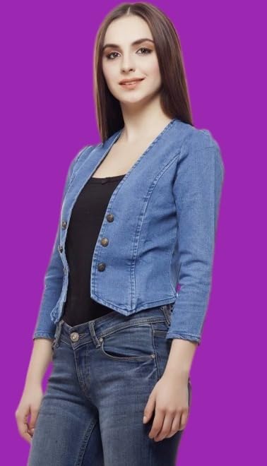 Image of Women's Denim Jacket, Blue, 3 /4 Sleeve, Button Front, Casual Blazer Style