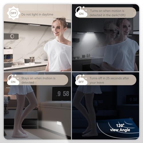 Image of Under Cabinet Lighting, 3 Color Magnetic Motion Activated Under Cabinet Lights, Rechargeable Closet Lights 1800mAh Battery Operated, Wireless Dimmable Under Counter Lights for Kitchen,Hallway 2 Pack