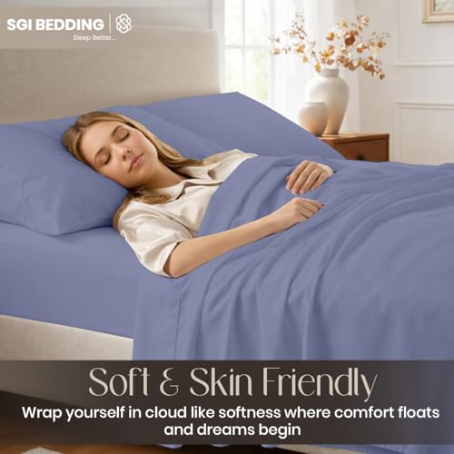 Image of SGI bedding 100% Egyptian Cotton Sheets Full XL Size - Premium Luxury Hotel Sheet Set, Cooling & Breathable, Ultra Soft, 15 inch Deep Pocket, 4 Piece Bedding Set, Mediterranean Blue