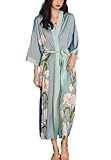Daiwor Kout Silk Satin Robe for Women Long Japanese Kimono Robe Lightweight Soft Bathrobe Floralr Luxury Dressing Gown S/Plus Size (Grey-Floral)