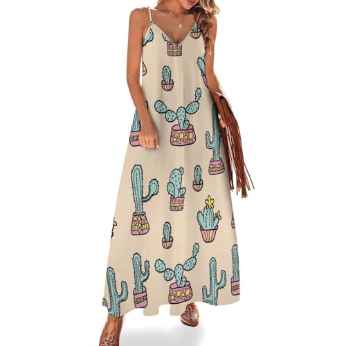 Robe longue pour femme sans sleeves avec imprimé cactus original d'été