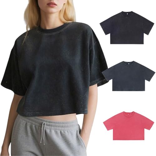 Damen Oversized T-Shirt 3er-Pack Kurzarm-Crop-Tops Rundhals-Mode-T-Shirt T-Shirt Sommer Hip Hop Streetwear Black Navy Red M