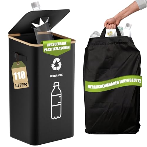 Pfandflaschen Sammelbehälter 110L, Pfandbehälter & Flaschensammler Leergut, Mülleimer Küche groß, Müllsackständer, Leergut Sammelbehälter, Abfall & Recycling, mit Deckel und Innensack, faltbar