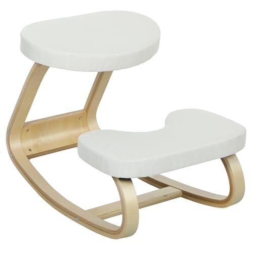 HOMCOM Siège Assis Genoux, siège Ergonomique en Bois à Bascule, Chaise à Genoux pour Bureau à Domicile, améliorer la Posture, maux de Dos, crème