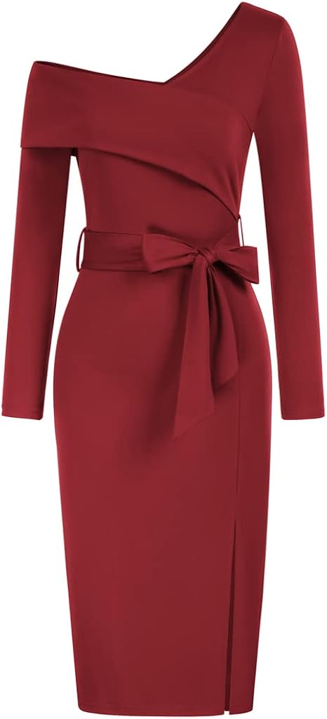 GRACE KARIN Vestido Elegante para Mujer con Lazo Un Hombro Manga Larga Color Sólido Cóctel de Boda