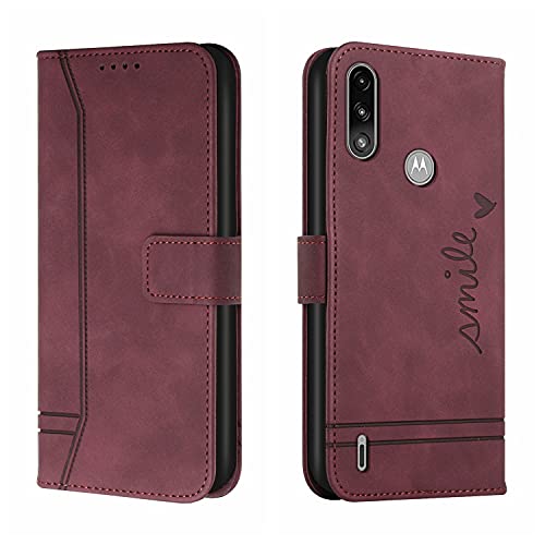 QIWEIQING Funda Compatible con Motorola Moto E7 Power, Funda Libro Protectora con Carcasa de TPU, Soporte Plegable, Ranura para Tarjeta, Funda de Cuero PU para Moto E7 Power Red Wine HX