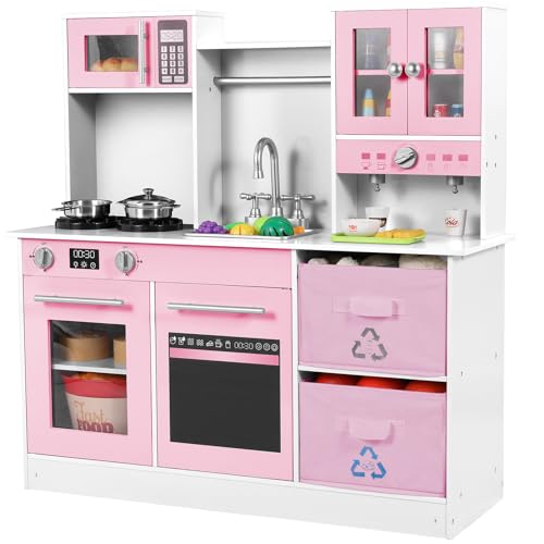 MAMIZO Cocina de Madera Infantil, Cocinita Infantil con Efectos de Luz y Sonido Simulados, con 2PCS Cajas de Almacenamiento Grandes, 90x30x90 cm Cocina Juguete, Rosa