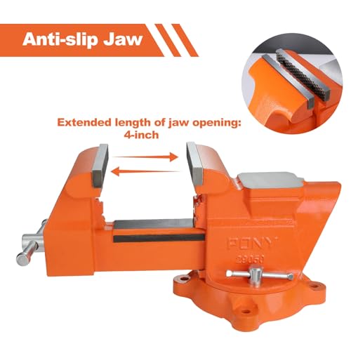 Image of PONY Heavy Duty Bench Vise, 5-inch Jaw Width 4-inch Opening, Swivel Base With Anvil, Utility Combination Pipe Home Vise for Woodworking, One-Pair Jaw Pad Included