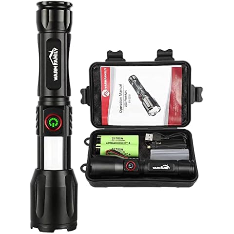 WARM FAMILY Torch, Led Torch, 10000 Lumens Torches Led Super Bright, Zoomable Led Torch Rechargeable, 5 Modes Flashlight with COB Work Light for Camping, Hiking, Walking, Emergency Cover