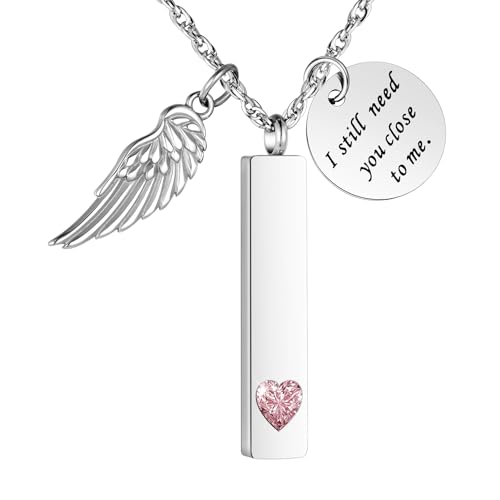 XIUDA Cremation Jewelry for Ashes with Angel Wing Charm Vertical Bar Urn Necklace Stainless Steel Memorial Keepsake Pendant for Women