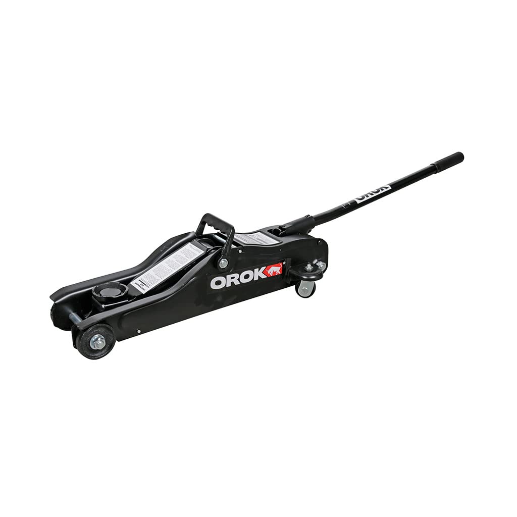 OROK 645186 Cric Hydraulique Rouleur Bas 2 Tonnes – Cric Voiture Profil Bas 85 à 330 mm – Tête Pivotante 360° – Descente Réglable – roulettes Pivotantes – Conforme en 1494, Noir
