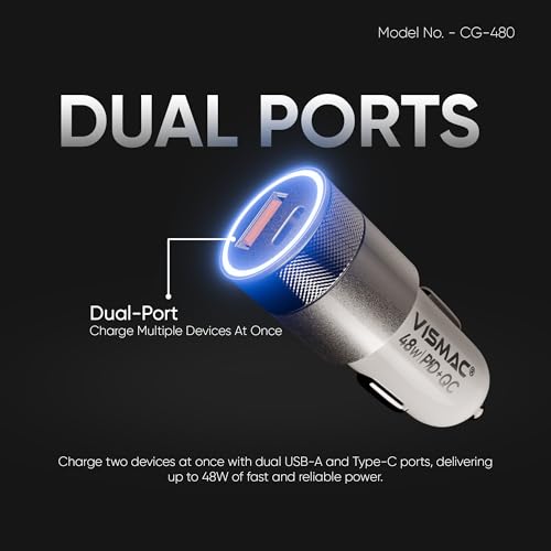 Image of Vismac 48W Fast Car Charger with Qualcomm Quick Charge and PD USB-A and Type-C Ports Glowing Ring LED Metal Textured Body Over Voltage Over Current and Over Temperature Protection