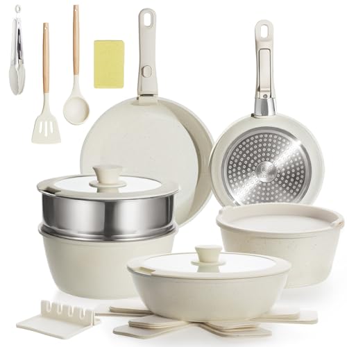 BECIGAR 21pcs Cream White Nonstick Ceramic Pots and Pans Set, Detachable Handle Cookware, Induction Compatible, Oven Safe, Stackable Cookware Set